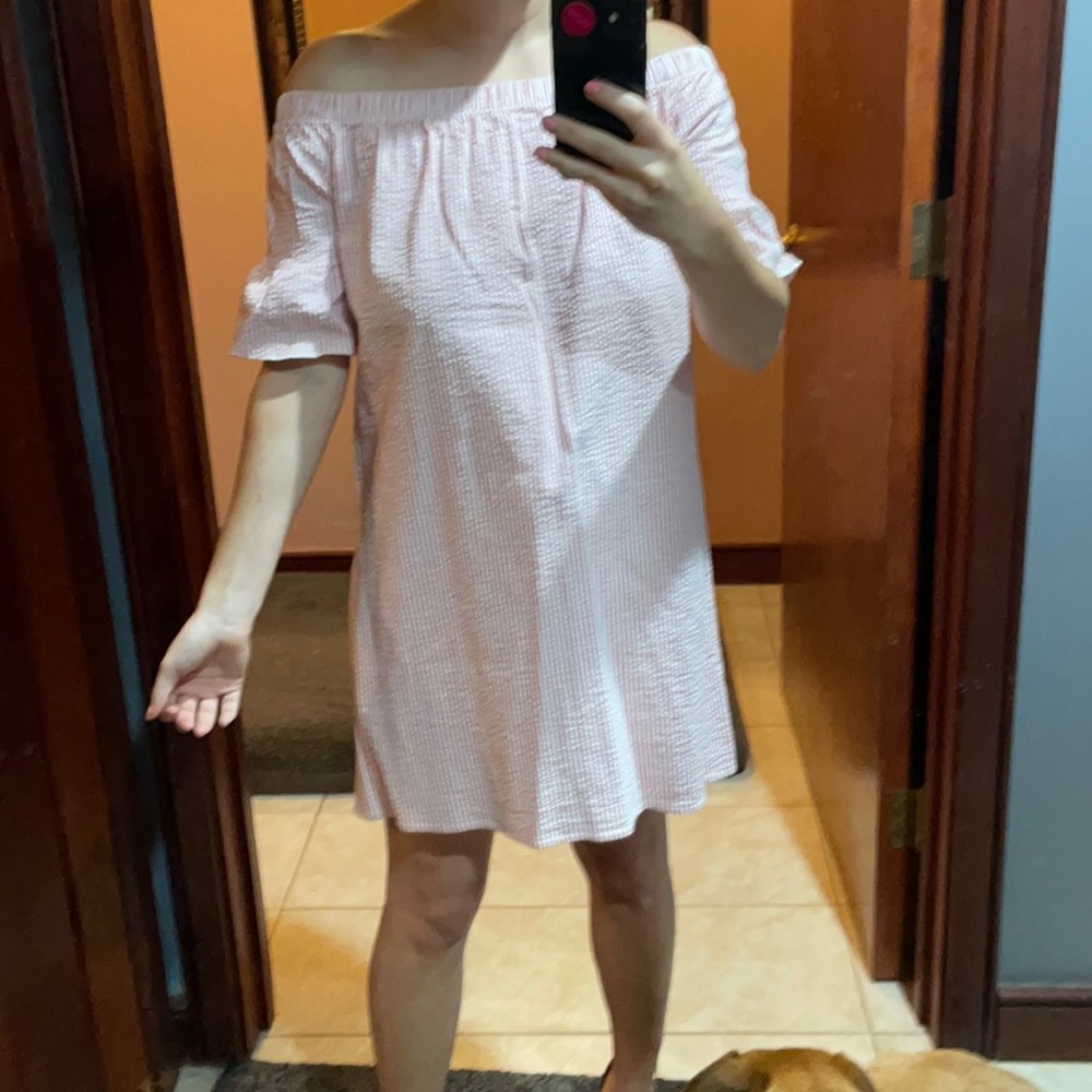 Pink and white striped off the shoulder dress